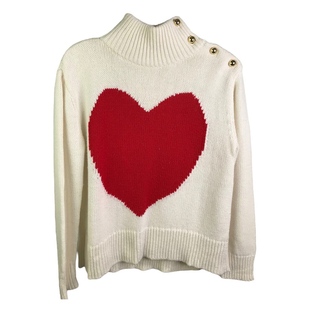 Kate‎ Spade Women's Sz XS Sweater Cream with Red Heart High Neck Gold Trims
